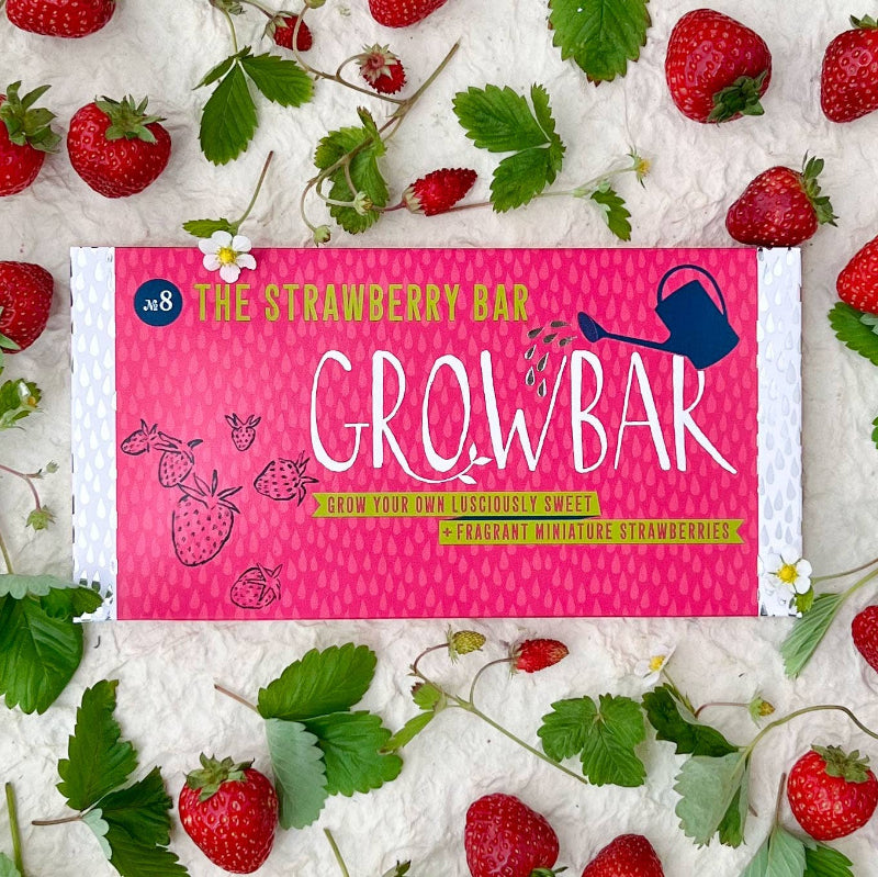 Grow Bar packaging with strawberries and leaves on a textured background
