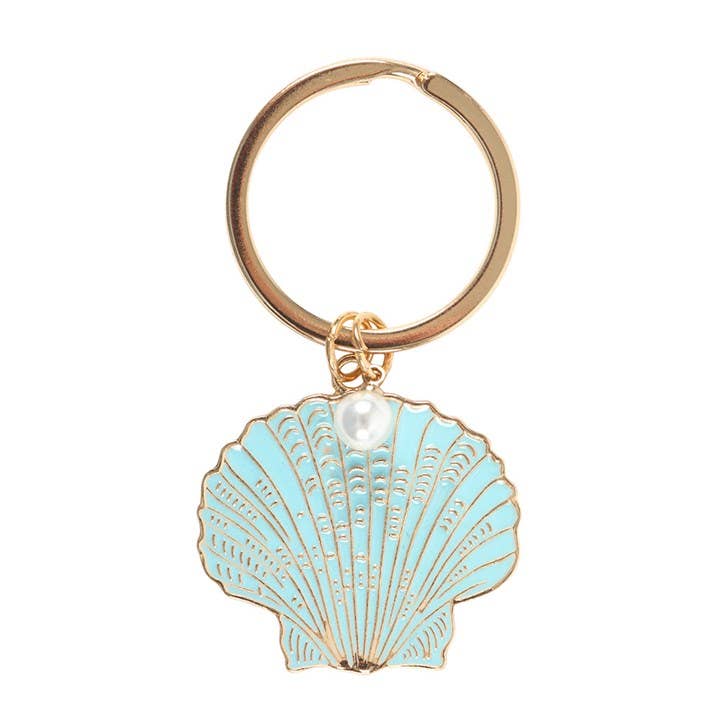 Keychain with light blue shell and pearl charm on a white background
