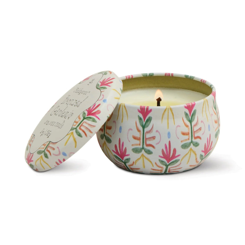Tulip Printed Tin Candle - Bronzed Gardenia 2oz/56g alight on white background