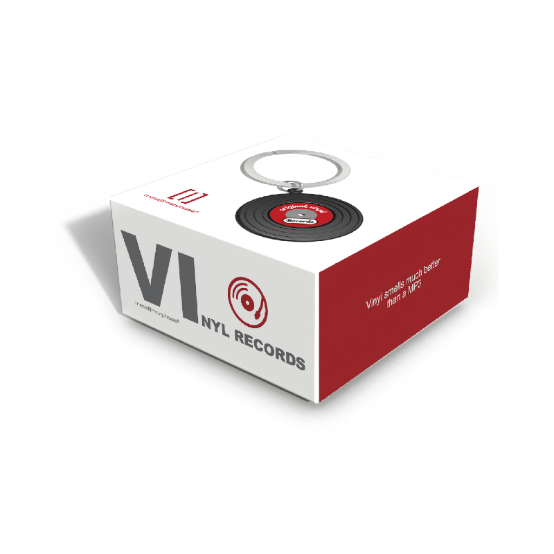 Keychain with vinyl record design on a branded box, featuring the 'NYL Records' logo.