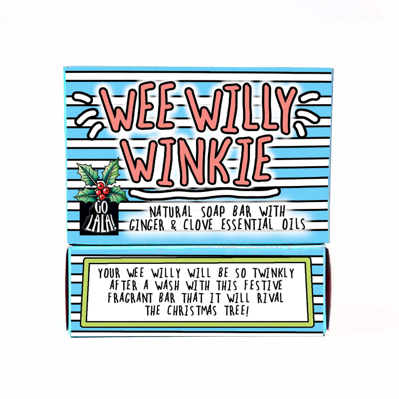 Soap bar packaging with 'Wee Willy Winkie' branding and text on a white background