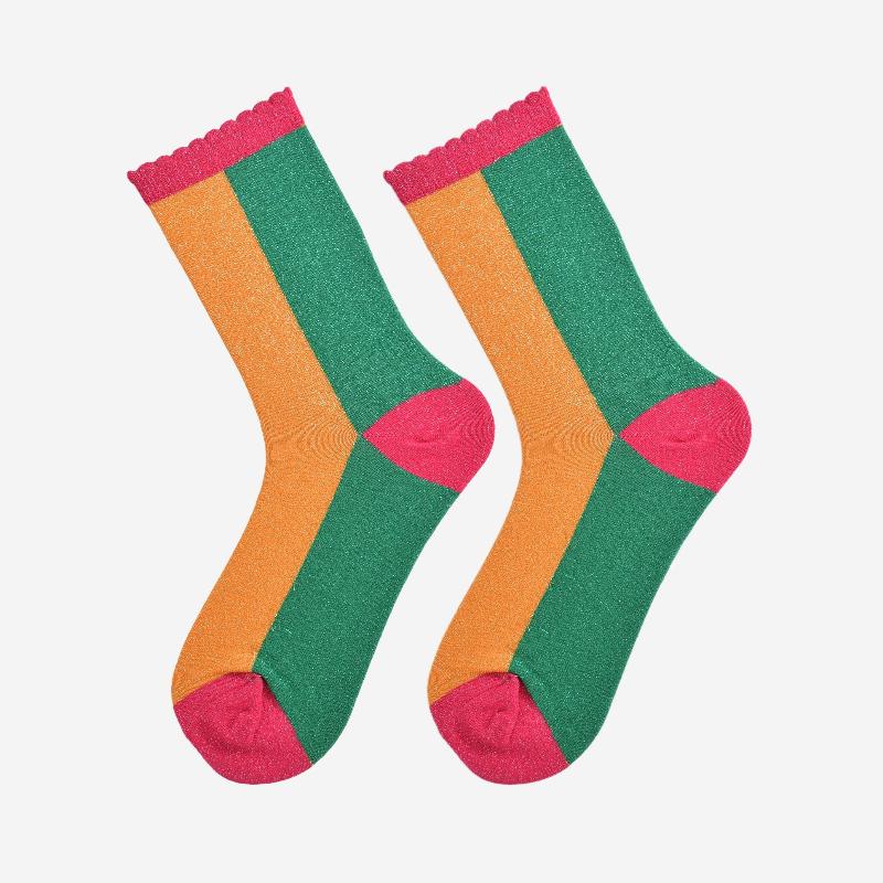 Women's Glitter Socks - Orange/Green, Colour Block