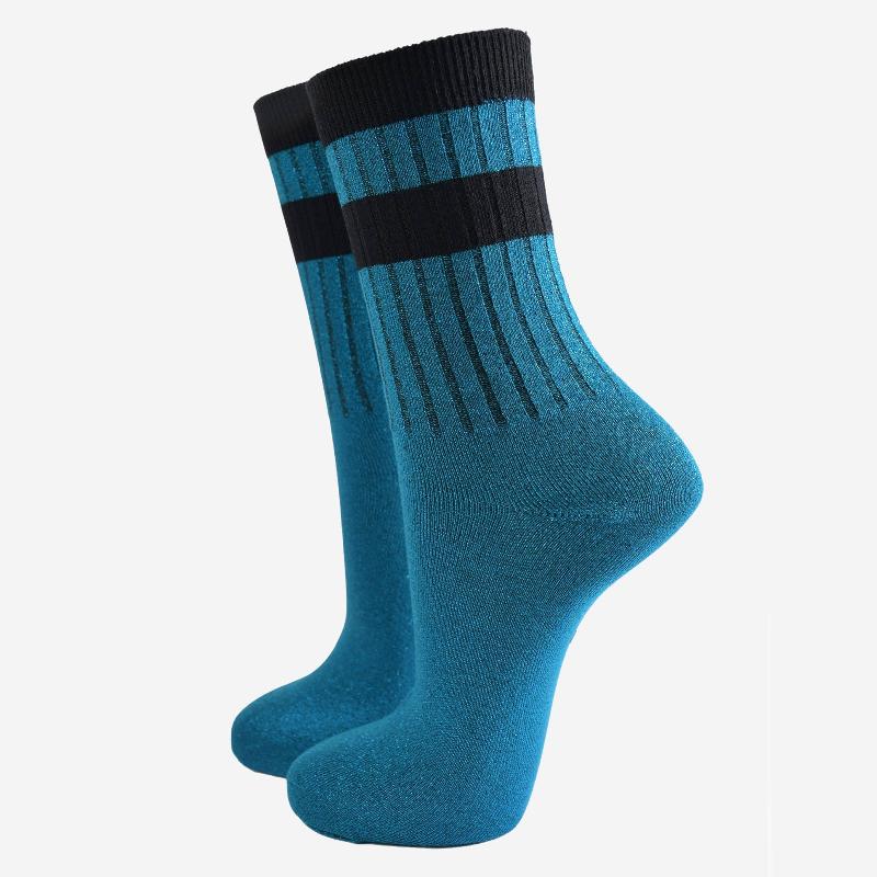 Women's Glitter Socks - Teal/Black, Stripe Cuff