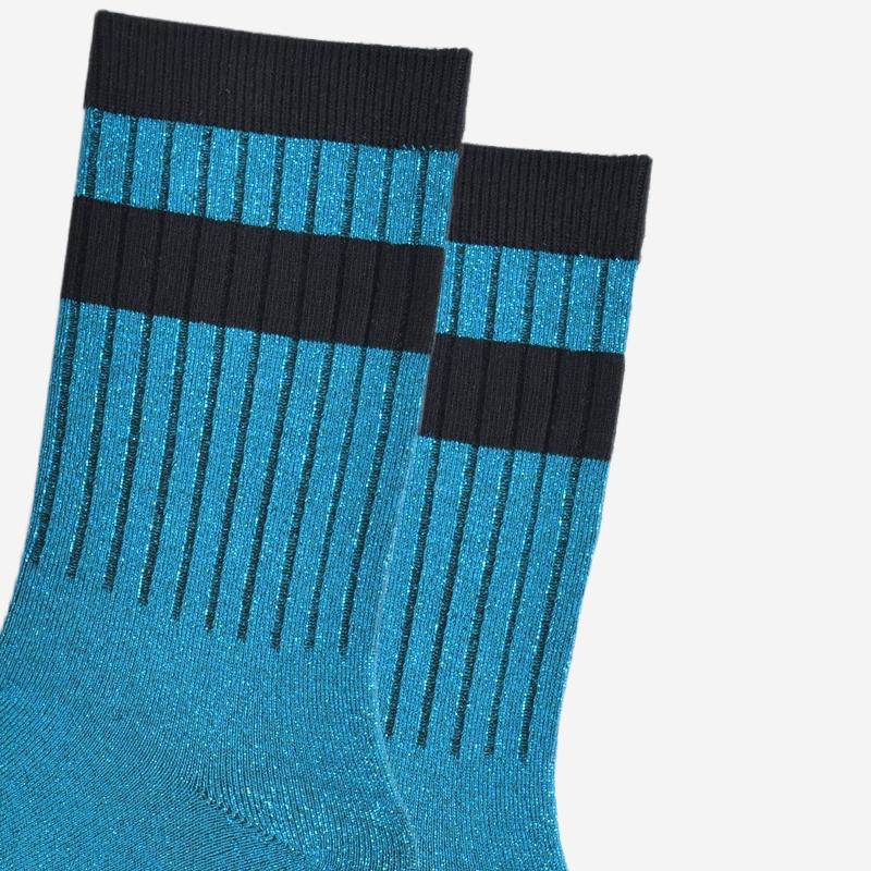 Women's Glitter Socks - Teal/Black, Stripe Cuff 3