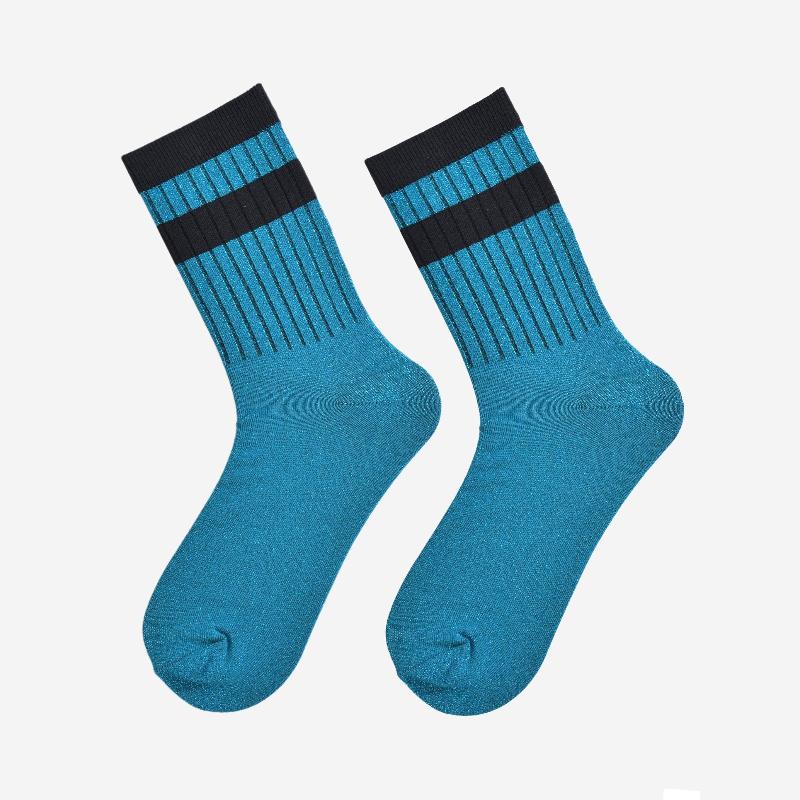 Women's Glitter Socks - Teal/Black, Stripe Cuff 2