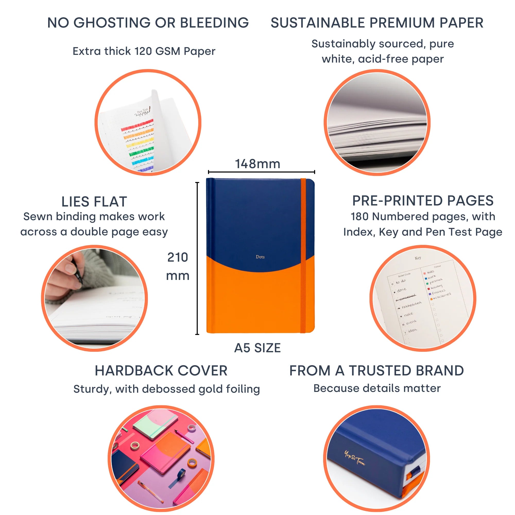 YOP & TOM NAVY AND ORANGE NOTEBOOK WITH DOTTED PAGES