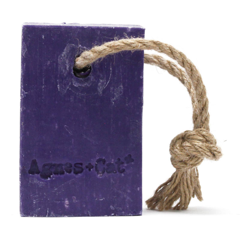 Agnes & Cat provence Purple soap bar with a rope on a white background