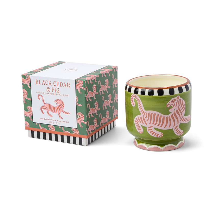 Adopo Tiger Ceramic Candle - Black Cedar & Fig boxed