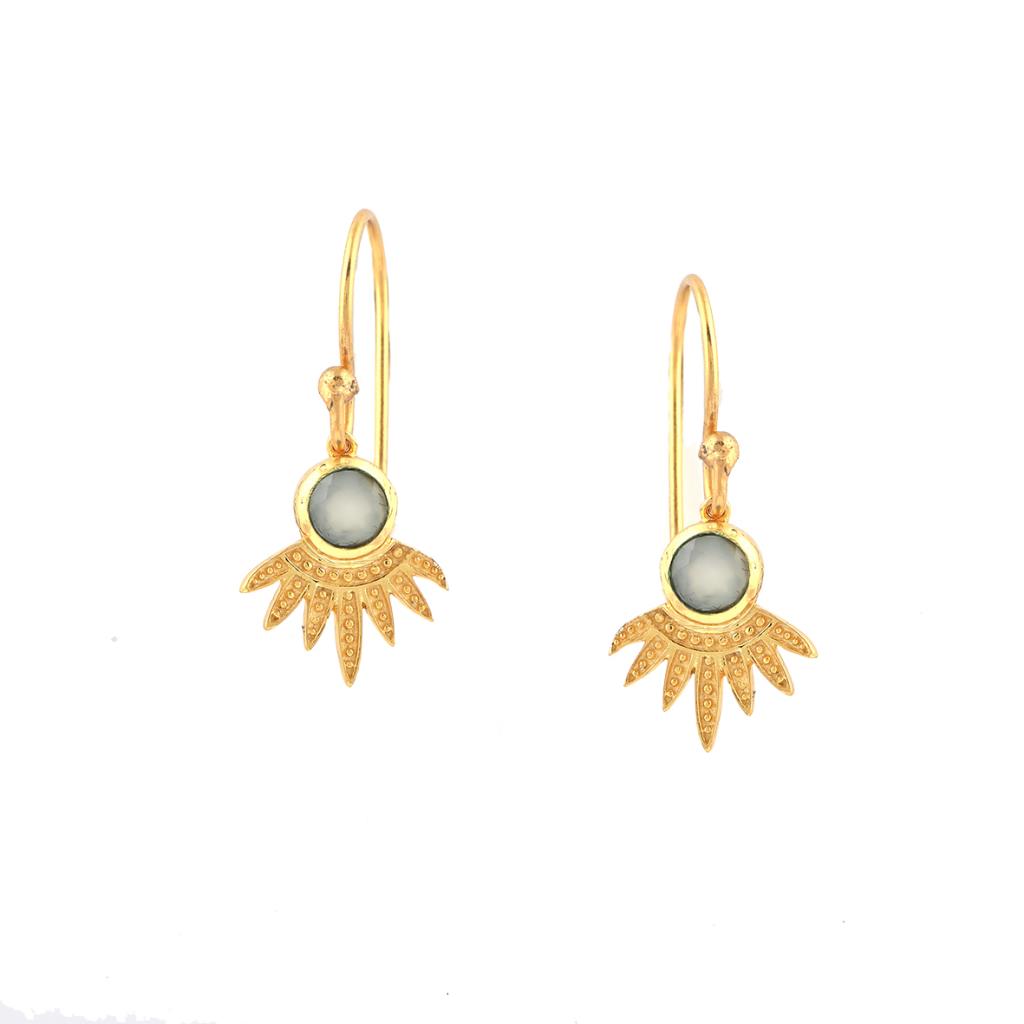 Gold earrings with sunflower design and gray gemstones on a white background