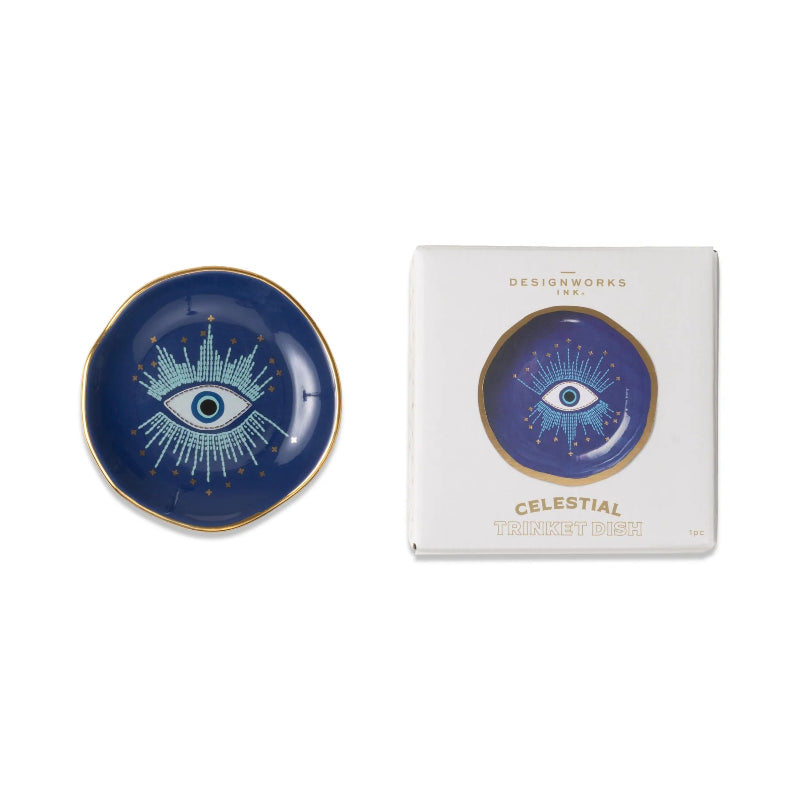 Decorative plate with eye design and packaging on a white background