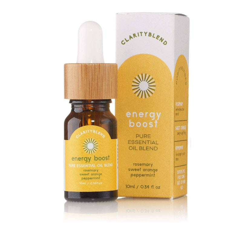 Essential oil bottle and packaging labeled 'ClarityBlend Energy Boost' on a white background
