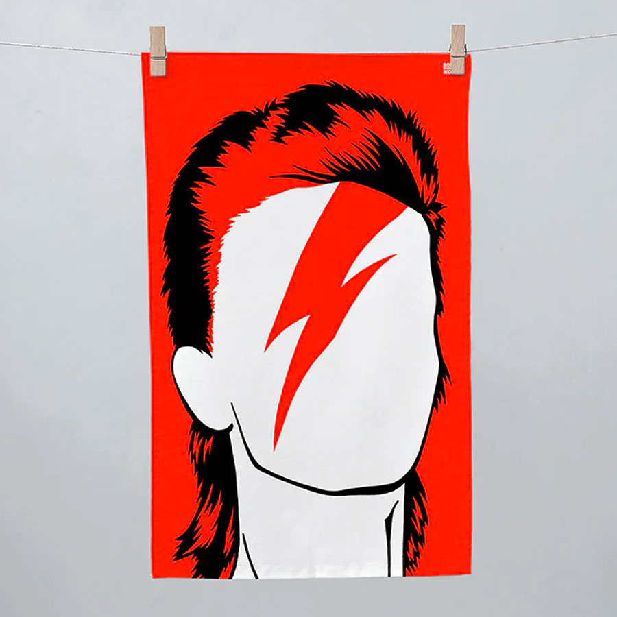 Red David Bowie tea towel by Bold & Noble