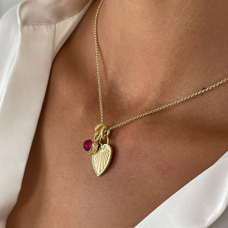 AZUNI PALM LEAF NECKLACE WITH PINK GEMSTONE CHARM IN GOLD