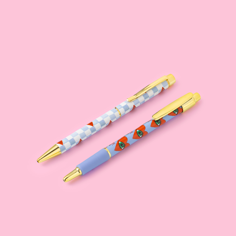 eleanor bowmer Lips & Hearts Pen & Pencil Set - Two pens with floral designs on a pink background