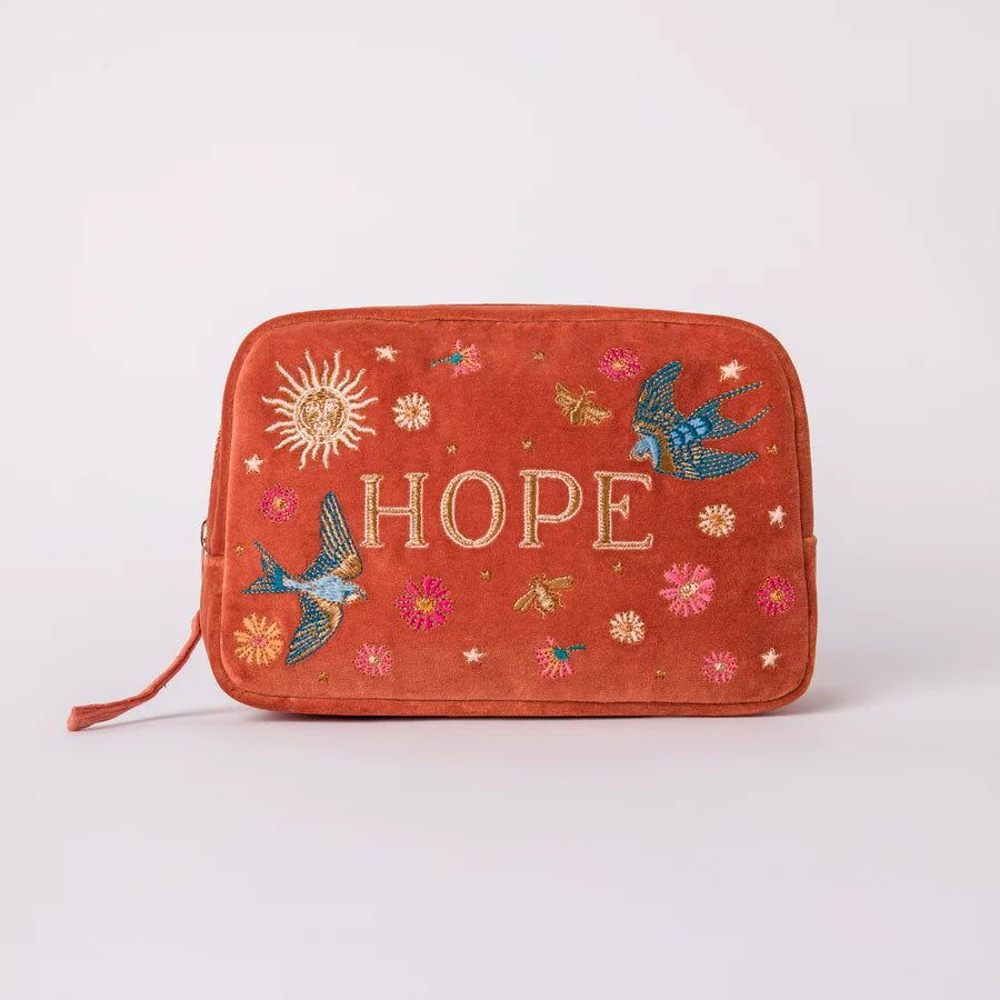 Elizabeth Scartlet rust velvet cosmetic bag embroidered with hope