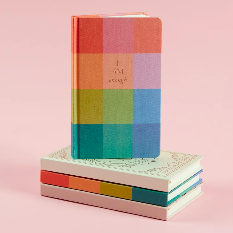 I am Enough rainbow check cloth covered journal