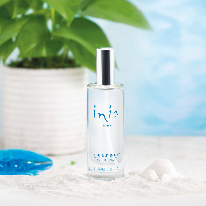 Inis Home & Linen Mist 100ml on beach back ground