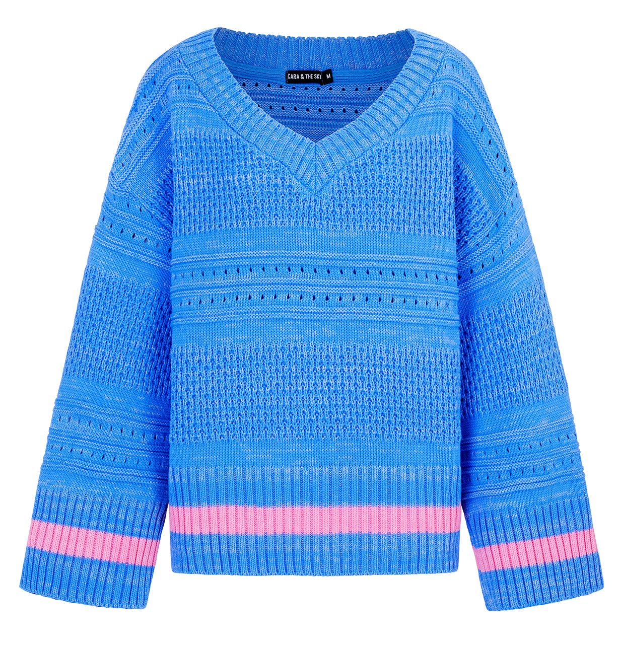 Blue sweater with pink accents on a white background