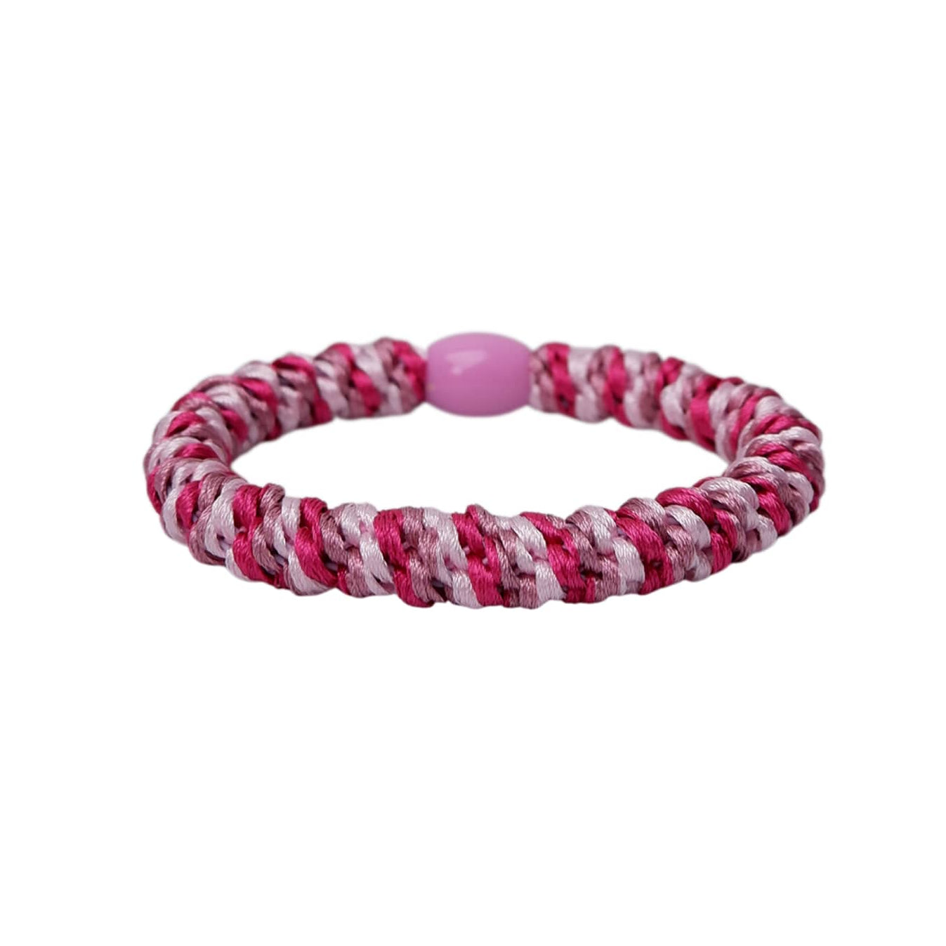 A braided elastic bracelet featuring a marled pink and white cord pattern with a smooth, oval pink bead at the center, shown on a plain white background.