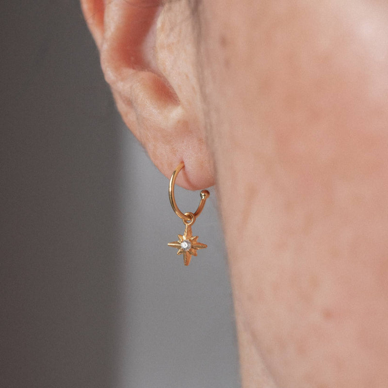 Gold hoop earring with a star-shaped pendant worn by a person.