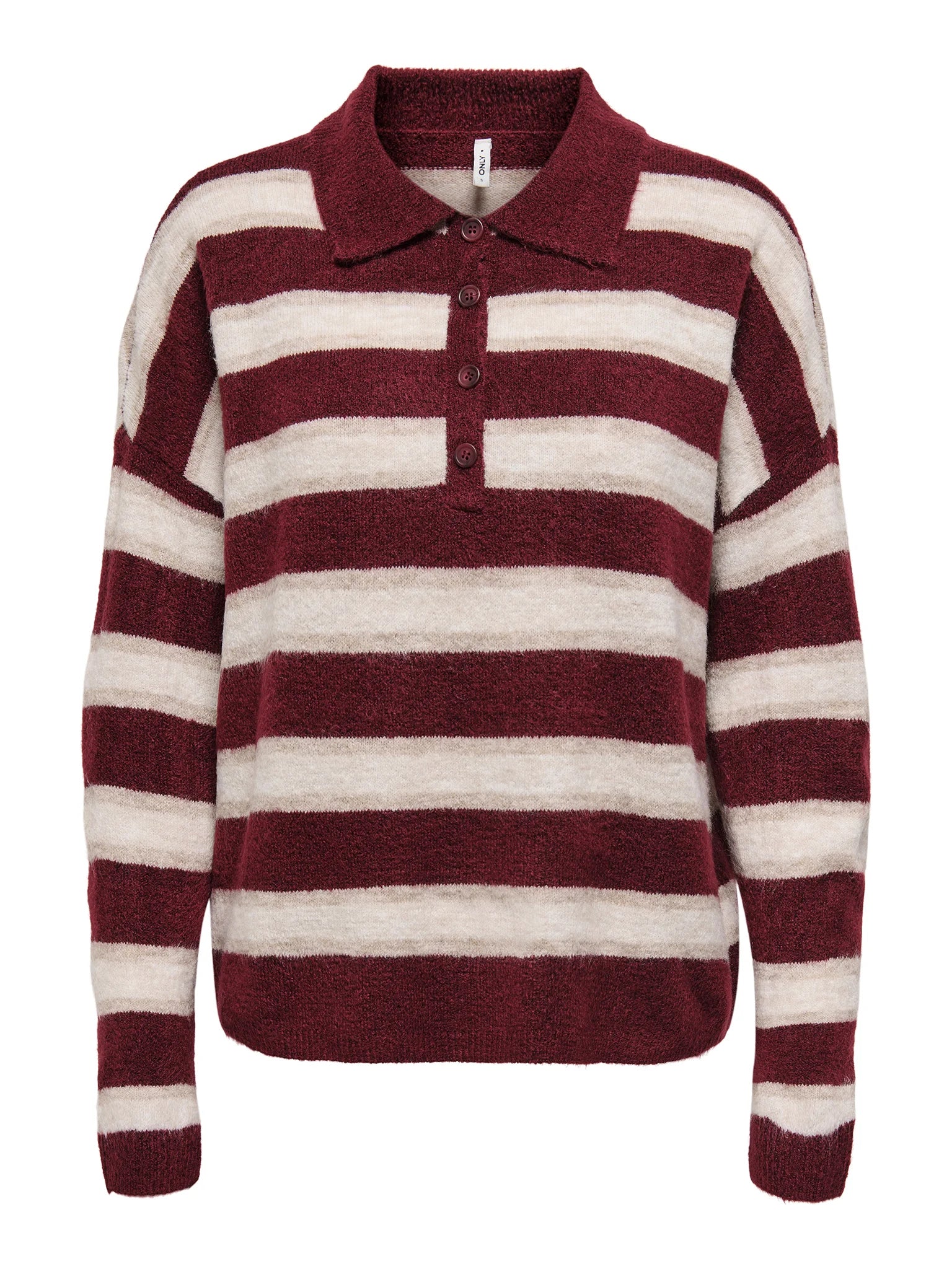 Maroon and white striped sweater on a white background