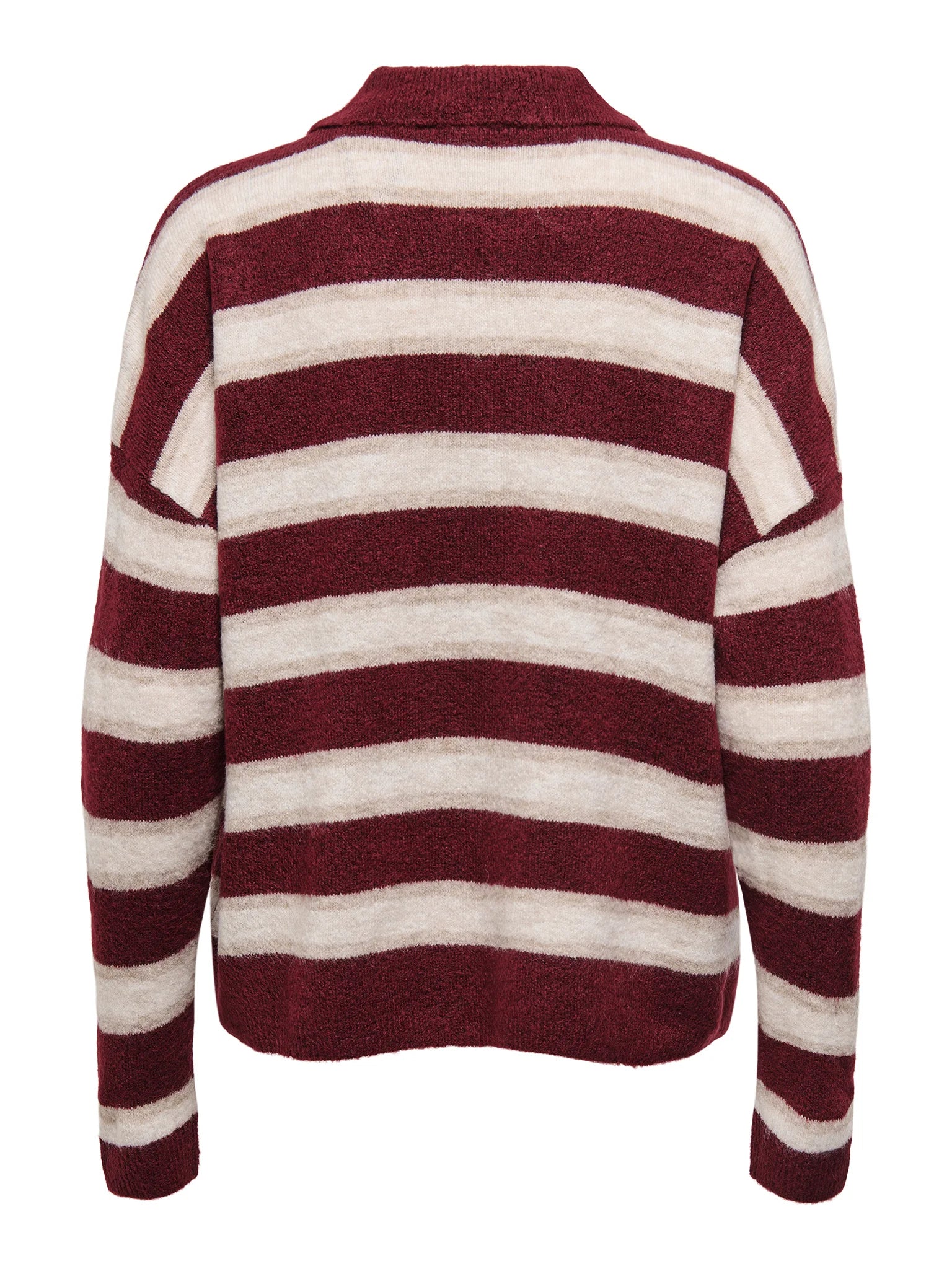 Maroon and white striped sweater on a white background