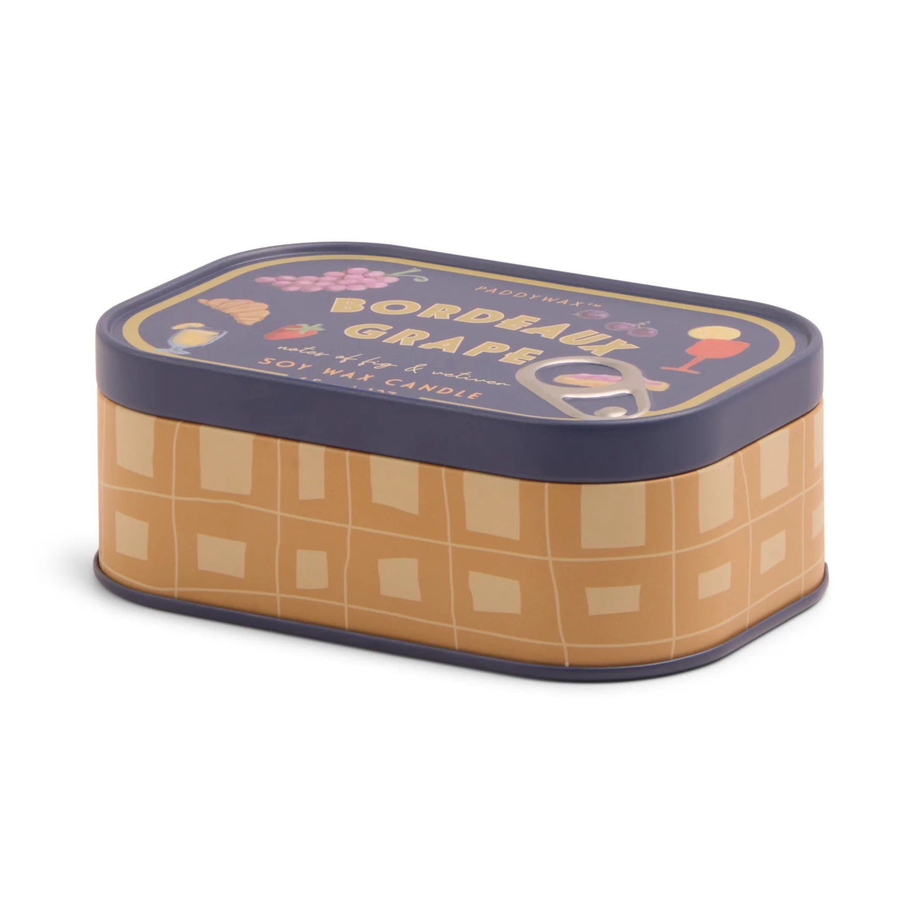 Oval-shaped candle tin with checkered pattern and 'Bordeaux Grape' text on a white background