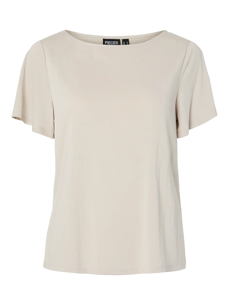 Beige t-shirt with a brand label on a white background