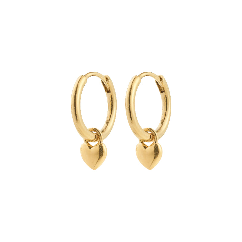 Pilgrim Alaia Earrings Gold-plated with heart charms on a white background
