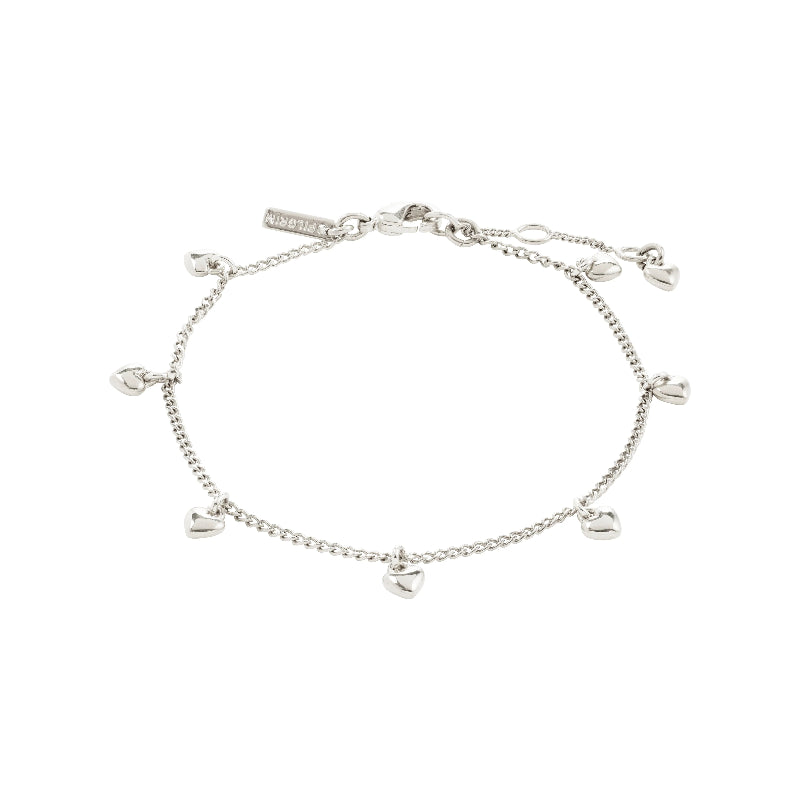 Silver bracelet with heart-shaped charms on a white background. Pilgrim Alaia Bracelet Silver-plated