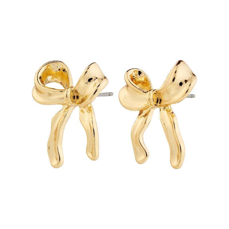 Pilgrim Cassian Earrings Gold-plated Gold bow-shaped earrings on a white background