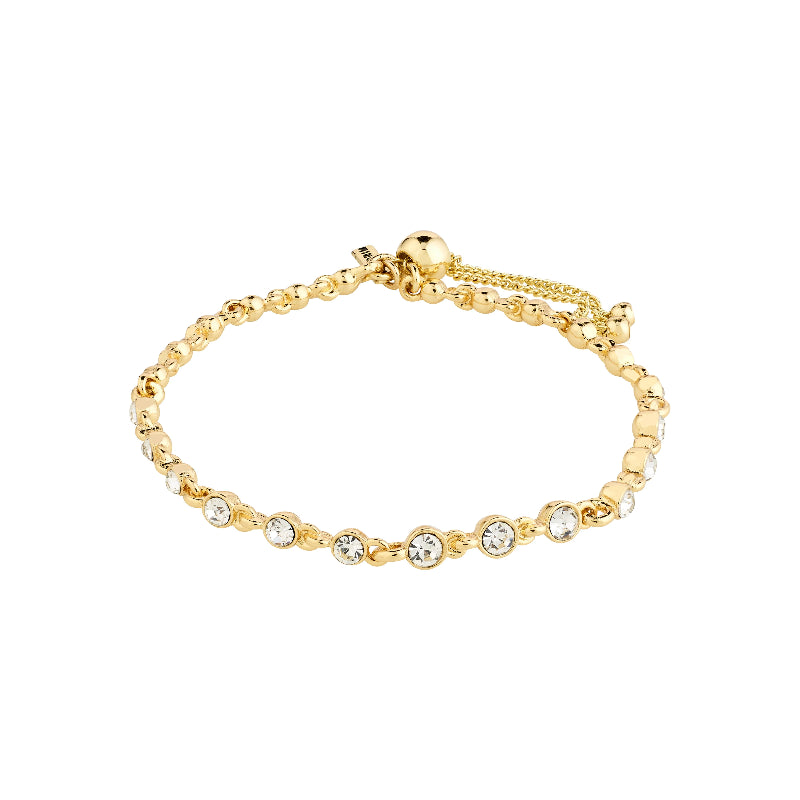 Gold bracelet with small crystals on a white background