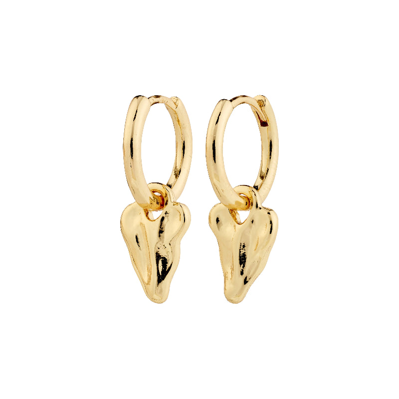 Gold hoop earrings with heart-shaped pendants on a white background