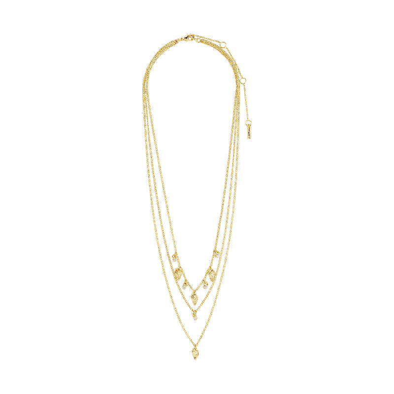 Gold necklace with multiple layers on a white background