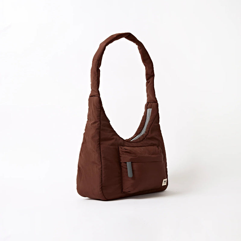 roka belize Brown shoulder bag with a pocket on a white background