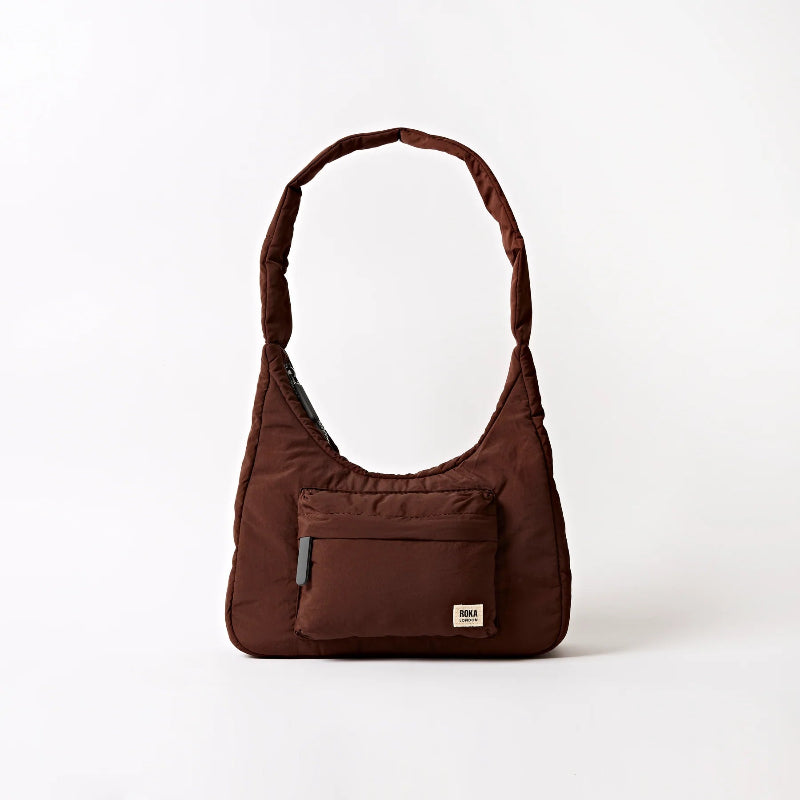 Roka Belize brown shoulder bag with a pocket on a white background