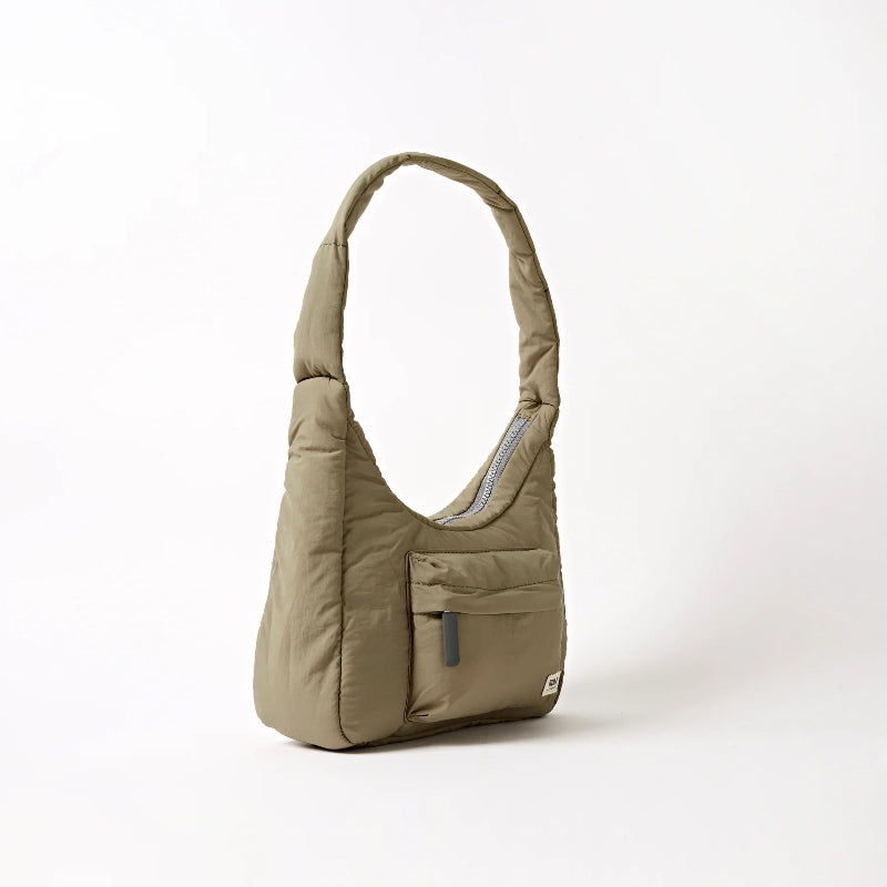 Roka Belize taupe shoulder bag with a pocket on a white background