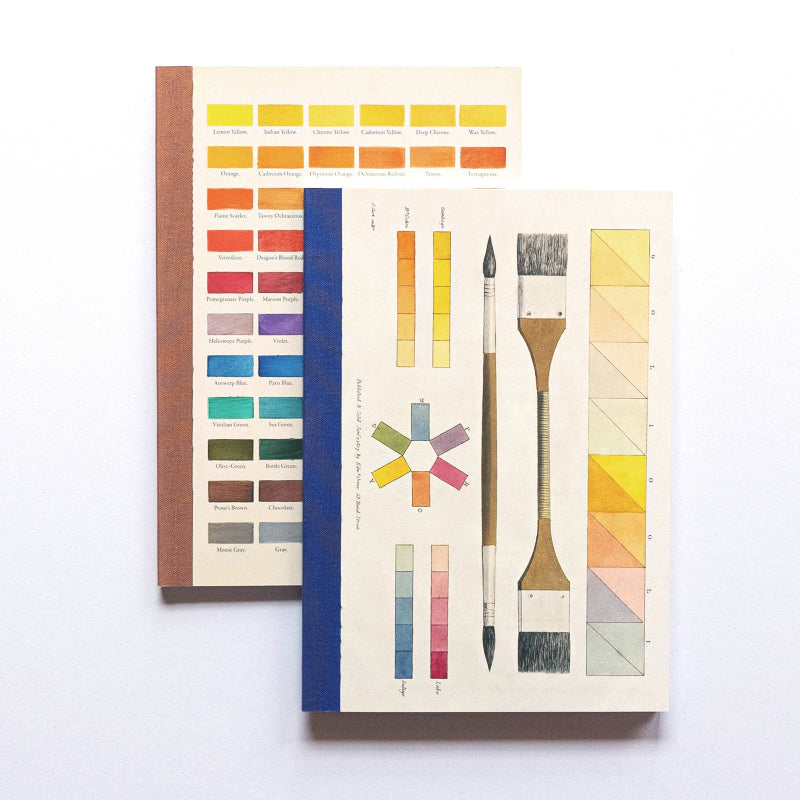Color swatch book with paintbrush illustrations on a white background