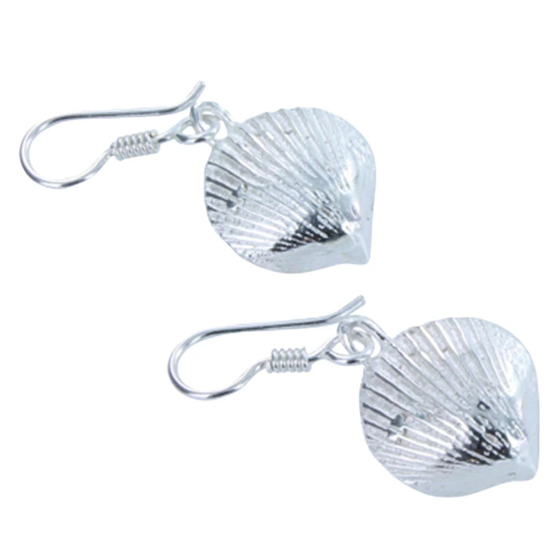 Silver shell-shaped earrings on a white background