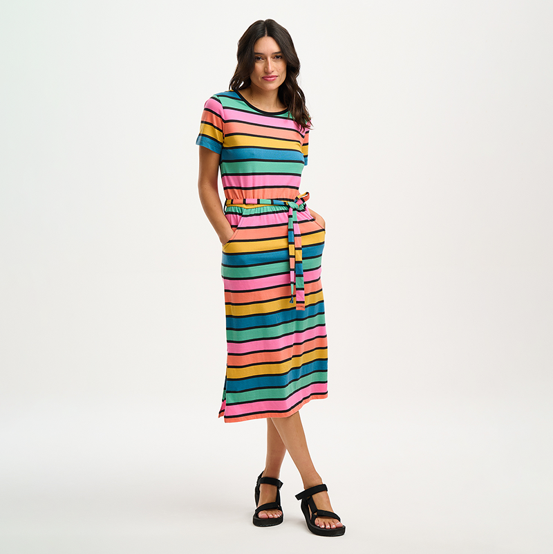 striped jersey dress with pockets and tie belt