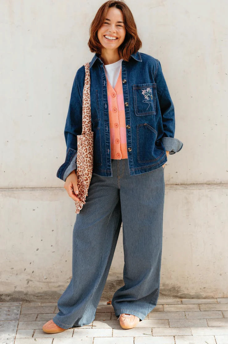 sugarhill dita denim jacket style with fif trouser and striped vest