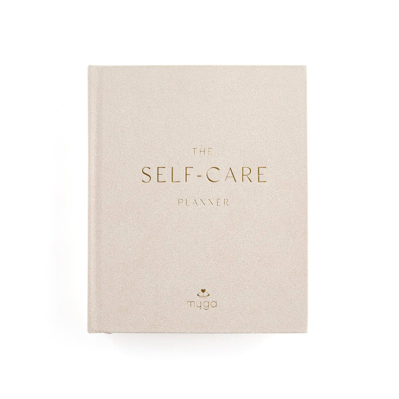 Beige planner titled 'The Self-Care Planner' with 'myga' branding on a white background