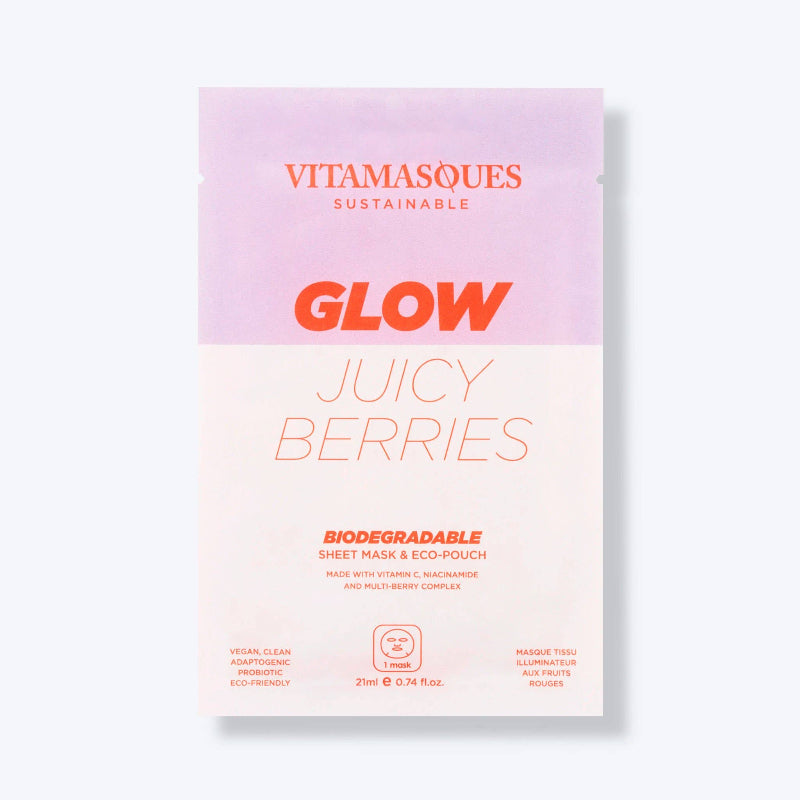 Vitamasques Sustainable Glow Juicy Berries sheet mask packaging on a white background