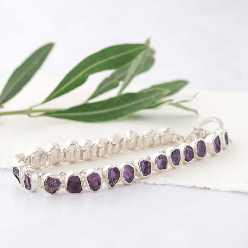 amethyst raw stone silver bracelet