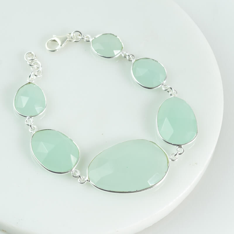 chunky gemstone silver bracelet aqua chalcedony