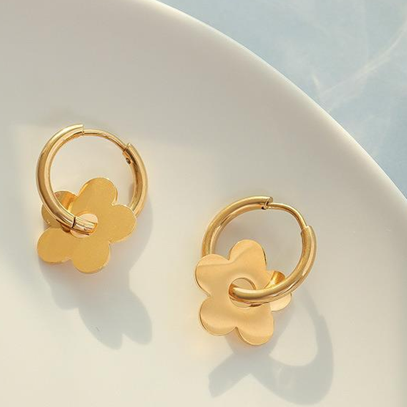 White Leaf gold flower huggie hoop earrings