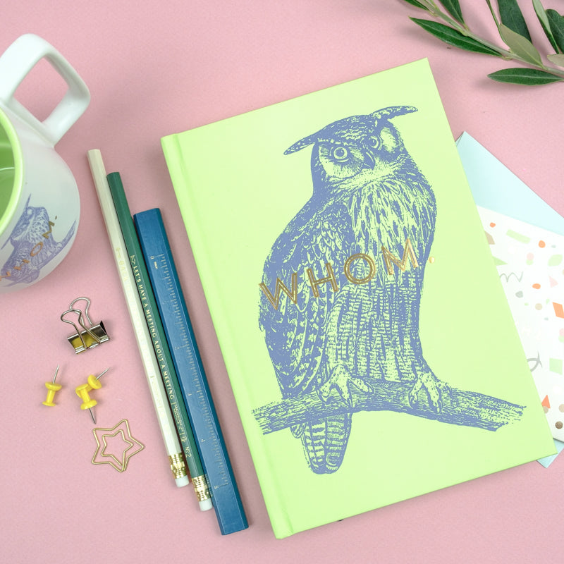 owl journal green with gold lettering whom