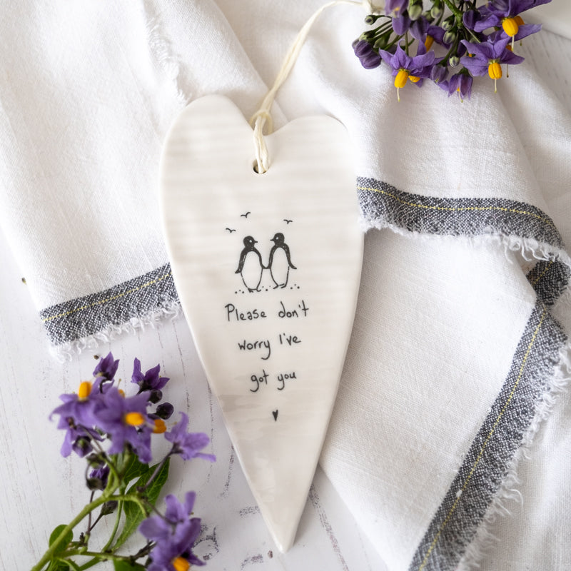 East of India heart with two penguins and quote ' please don't worry I've got you'