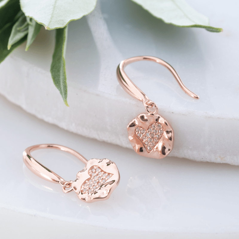 heart drop earrings rose gold and cz stones