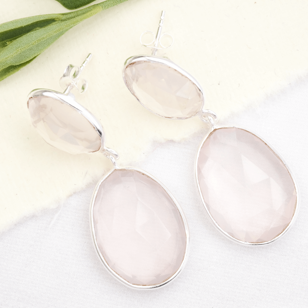 rose quartz drop earrings silver with post